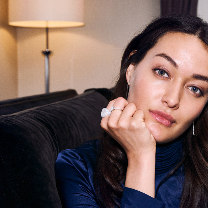 Model wearing the Capizzi ring by Sif Jakobs - a beautiful statement piece- crafted in Sterling silver with rhodium,  and hand set with facet-cut white zirconia.