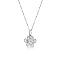 Silver dog  paw print necklace with diamonds on a sterling silver chain.