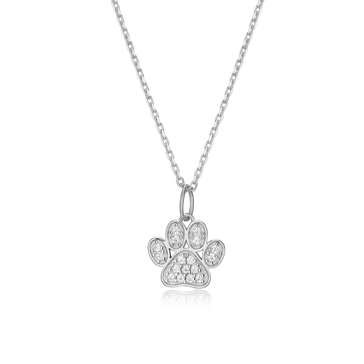 Silver dog  paw print necklace with diamonds on a sterling silver chain.