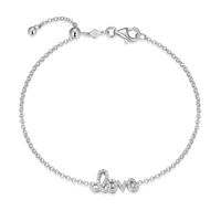 Silver adjustable bracelet with 'love' charm in lab diamonds.