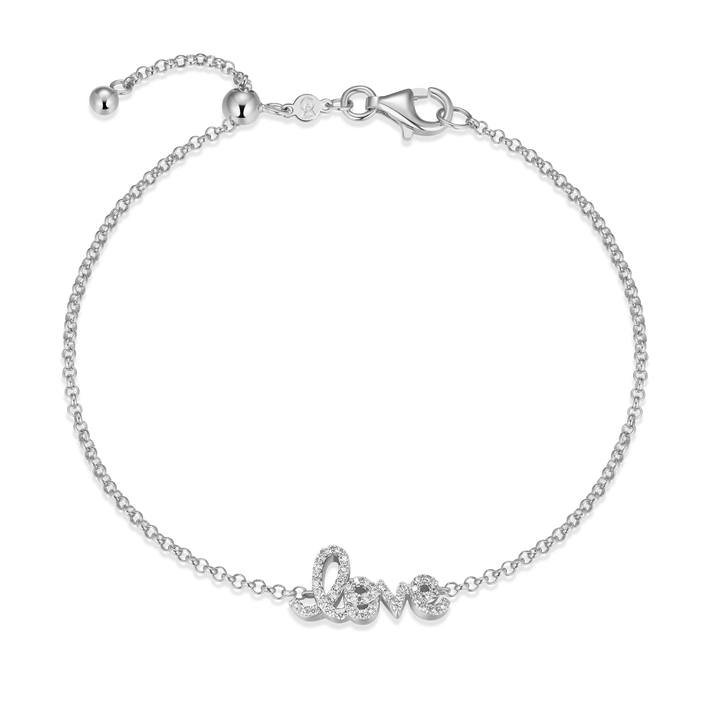 Silver adjustable bracelet with 'love' charm in lab diamonds.