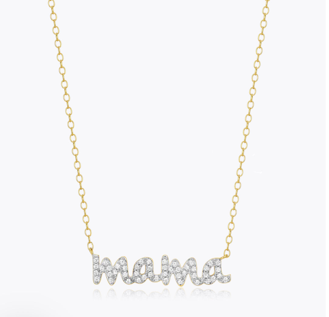 A yellow gold-plated sterling silver necklace with the word 'mama' adorned with brilliant pavé lab-created diamonds.