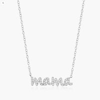 A sterling silver necklace with the word 'mama' written in sparkling brilliant pavé lab-created diamonds.
