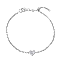 Sterling Silver bracelet with a heart-shaped  pave diamond charm on a white background