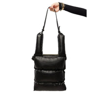Vegan leather puffer tote in Black with a removeable strap and deep shoulder shape for a in a comfortable fit- made in Canada