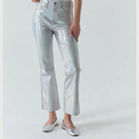 in a striking silver flash finish these pants by DAZE feature a slim leg fit  witha flared bottom; a zip closure and 5 pocket design