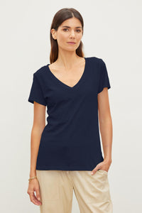Lilith Cotton Slub V-Neck Tee- Ink