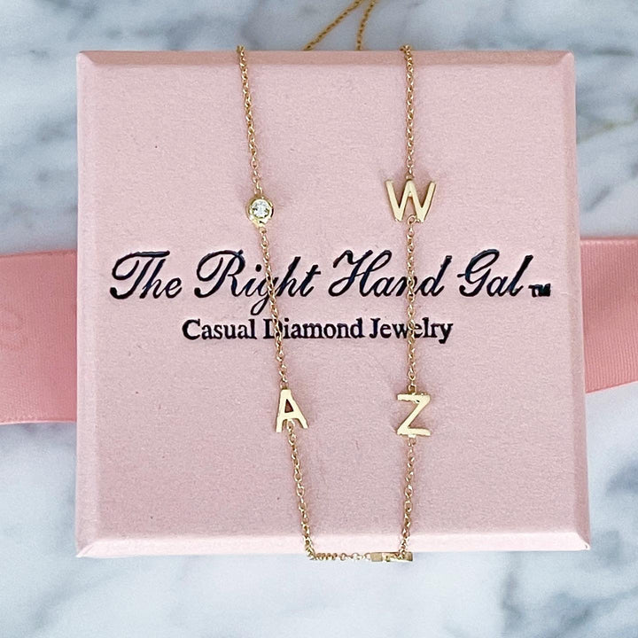 The Meghan Mini Initial Necklace with Diamond Bezel  in White Gold  - The Right Hand Gal
