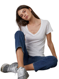 Lilith Cotton  Slub V-Neck Tee in white shown with Jeams