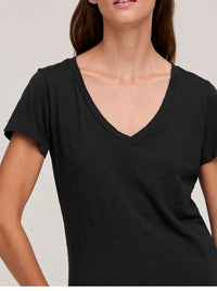 Lilith Cotton  Slub V-Neck Tee in black - close up view of front