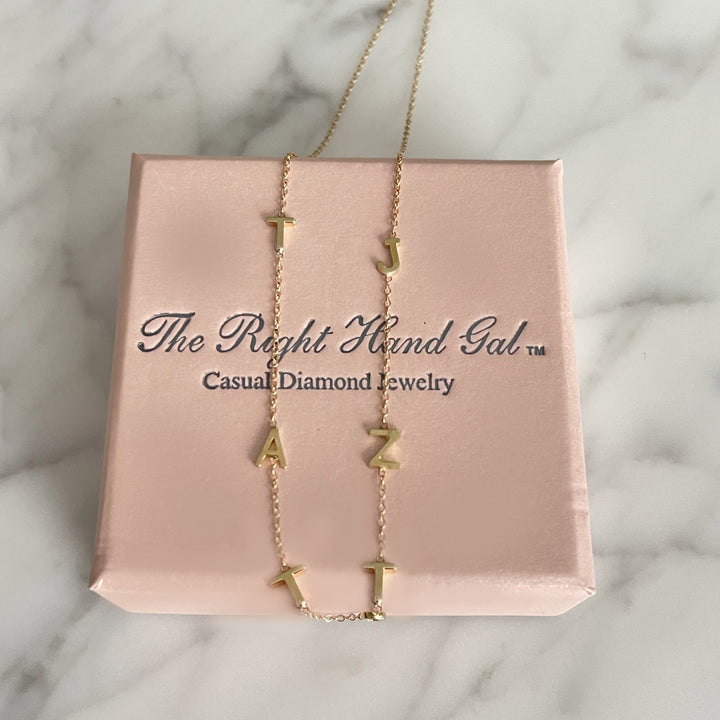 The Meghan Mini Initial Necklace in Yellow Gold with 6 Initials- The Right Hand Gal