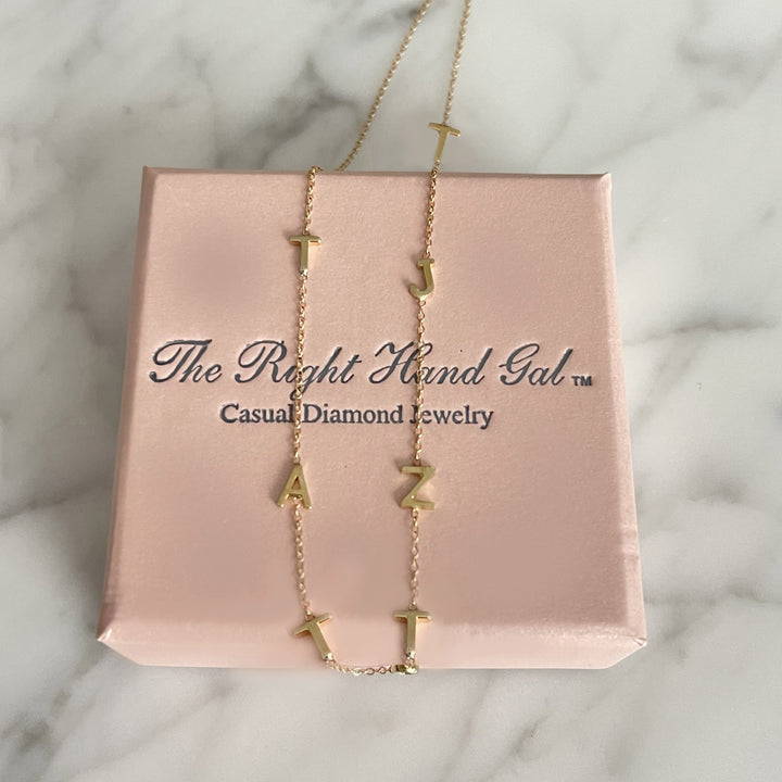 The Meghan Mini Initial Necklace in Yellow Gold with 7 Initials- The Right Hand Gal
