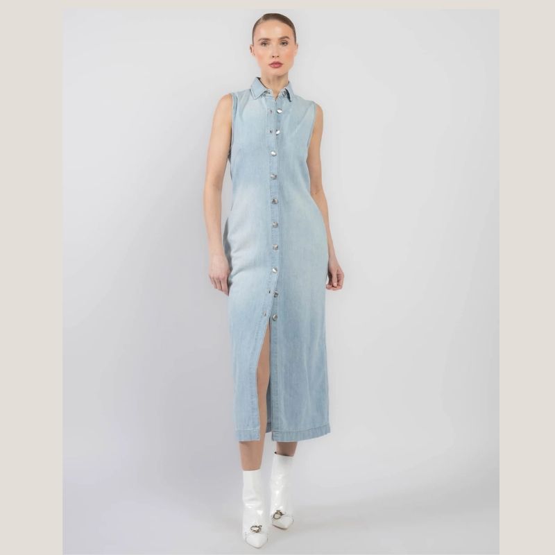 Maxi Denim Sleeveless Dressin Light Blue Poolside. DL1961