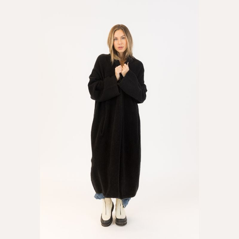 The Hugh is a long, Shawl collar sweater coat in Black by Canadian design company LYLA + LUXE  