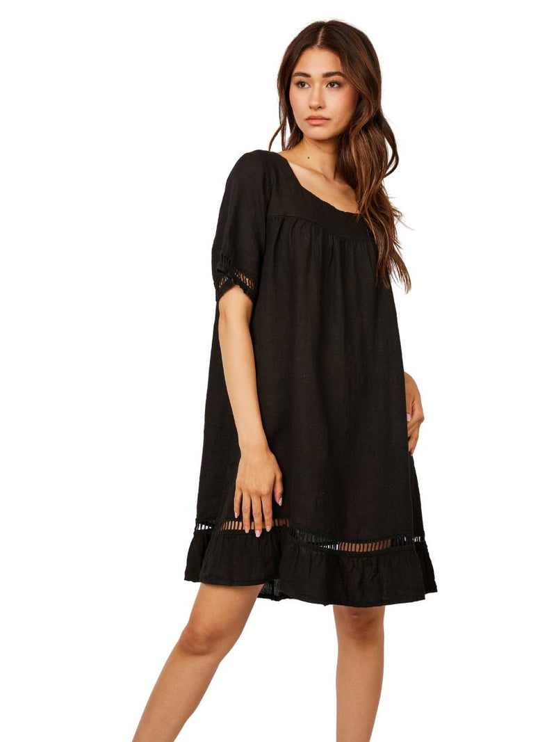 Ladder Trimmed Black Linen Dress by Pistache 