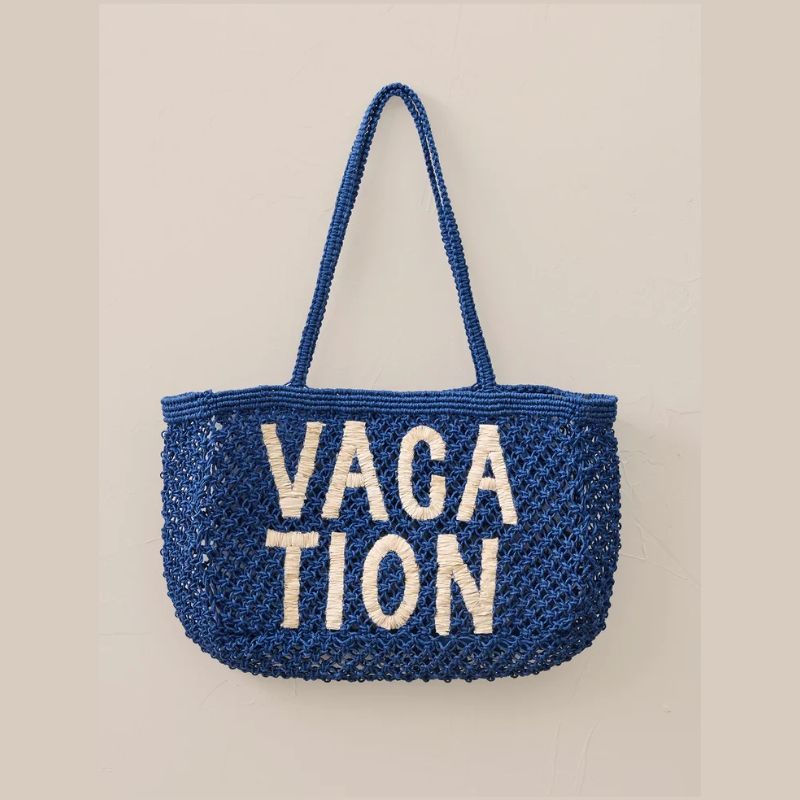 Large woven Jute Tote bag in Blue with 'Vacation' embroidered in white  - Z Supply 