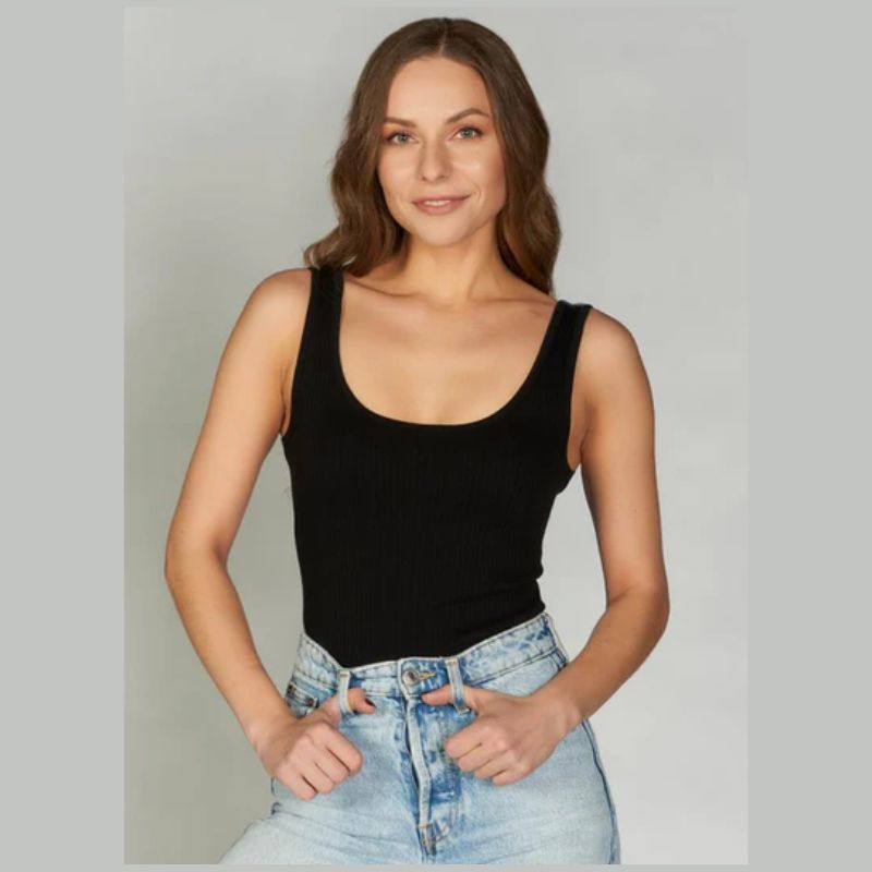 Seamless double scoop black  tank top in a soft bamboo fabrication  