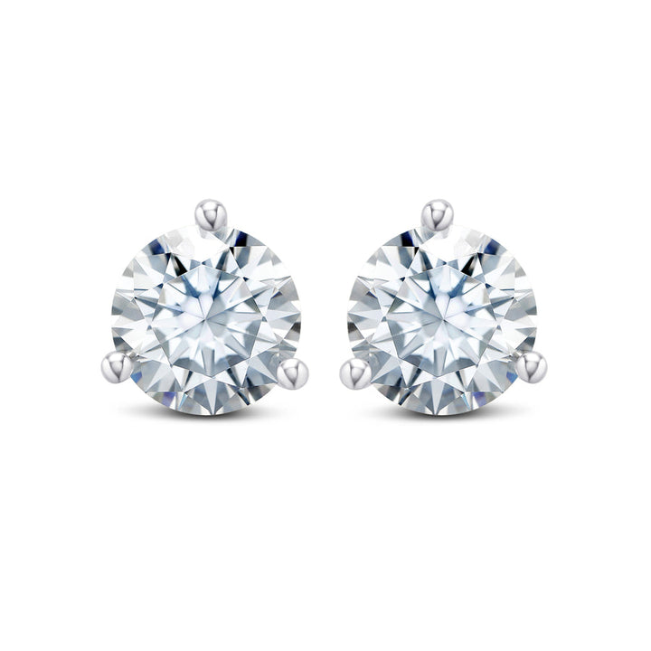 A pair of round-cut solitaire stud earrings in silver-toned metal prongs, shown on a plain white background.