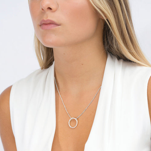 Model wearing Biella Grande Pendant Necklace in Sterling Silver with white CZ's by Sif Jakobs - Hickox jewelers 