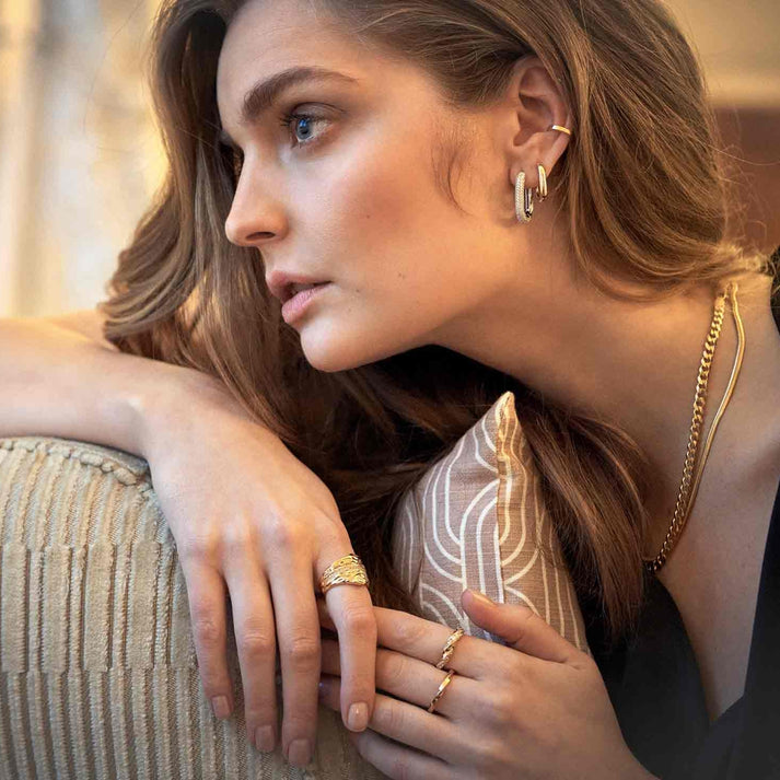 Model wearing Capri Piccolo Pianura Earring in Sterling Silver by Sif Jakobs- Hickox jewelers 