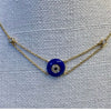 Evil eye pendant 10mm Lapis lazuli disc with white and black Diamonds- on a 14k gold chain   