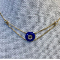 Evil eye pendant 10mm Lapis lazuli disc with white and black Diamonds- on a 14k gold chain   