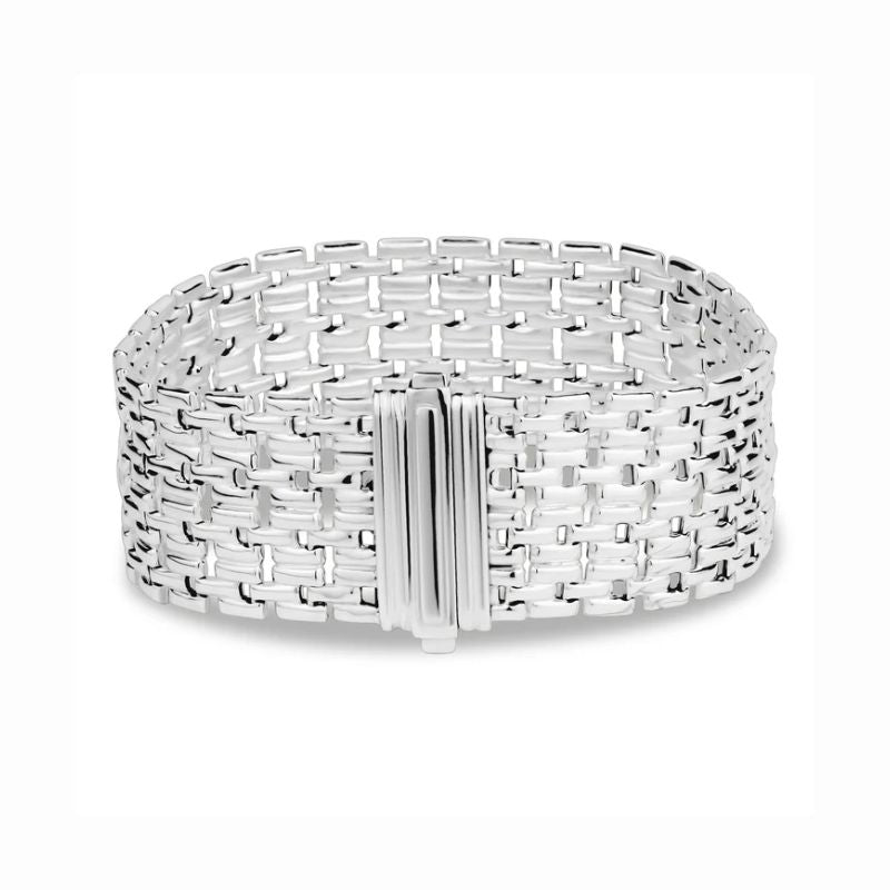 A silver woven mesh bracelet with a polished central clasp, shown on a clean white background.