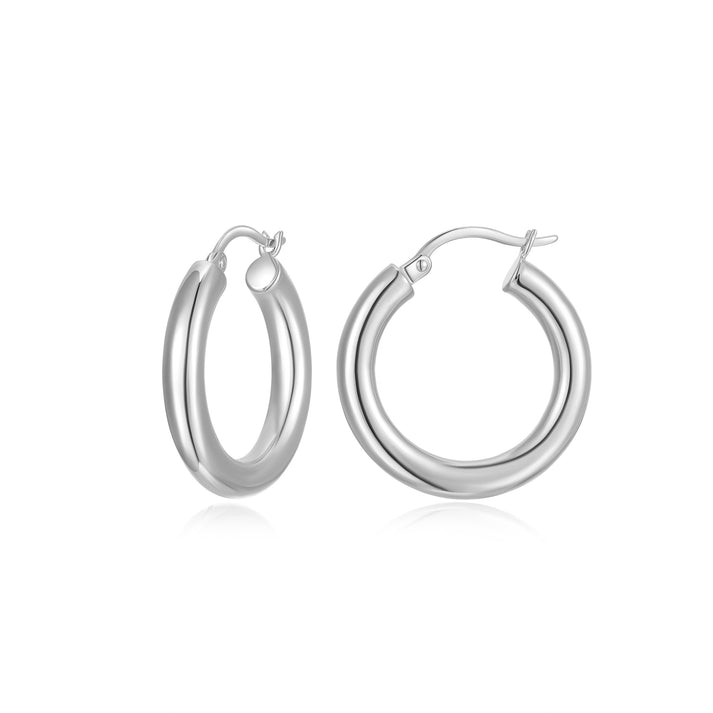 A pair of polished silver hoop earrings with a thick, rounded double-band design and secure fishhook closures, shown on a clean white background.