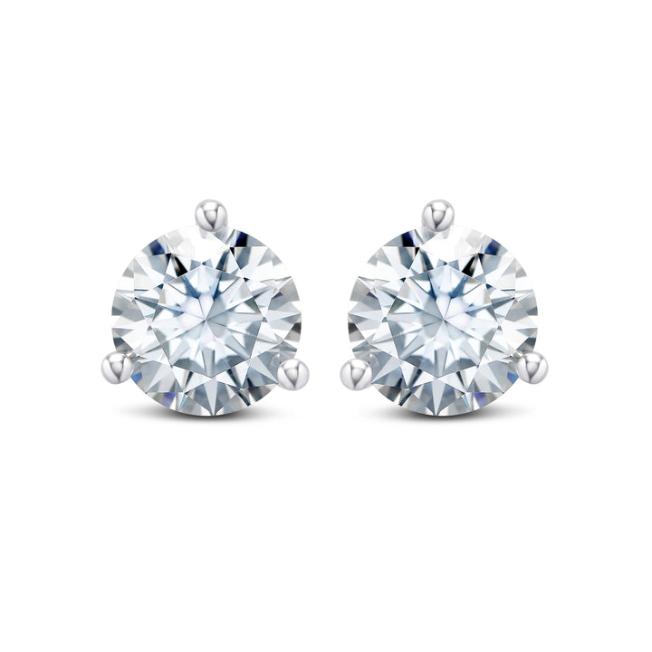 A pair of round-cut solitaire stud earrings in a silver-toned four-prong setting, shown on a plain white background.