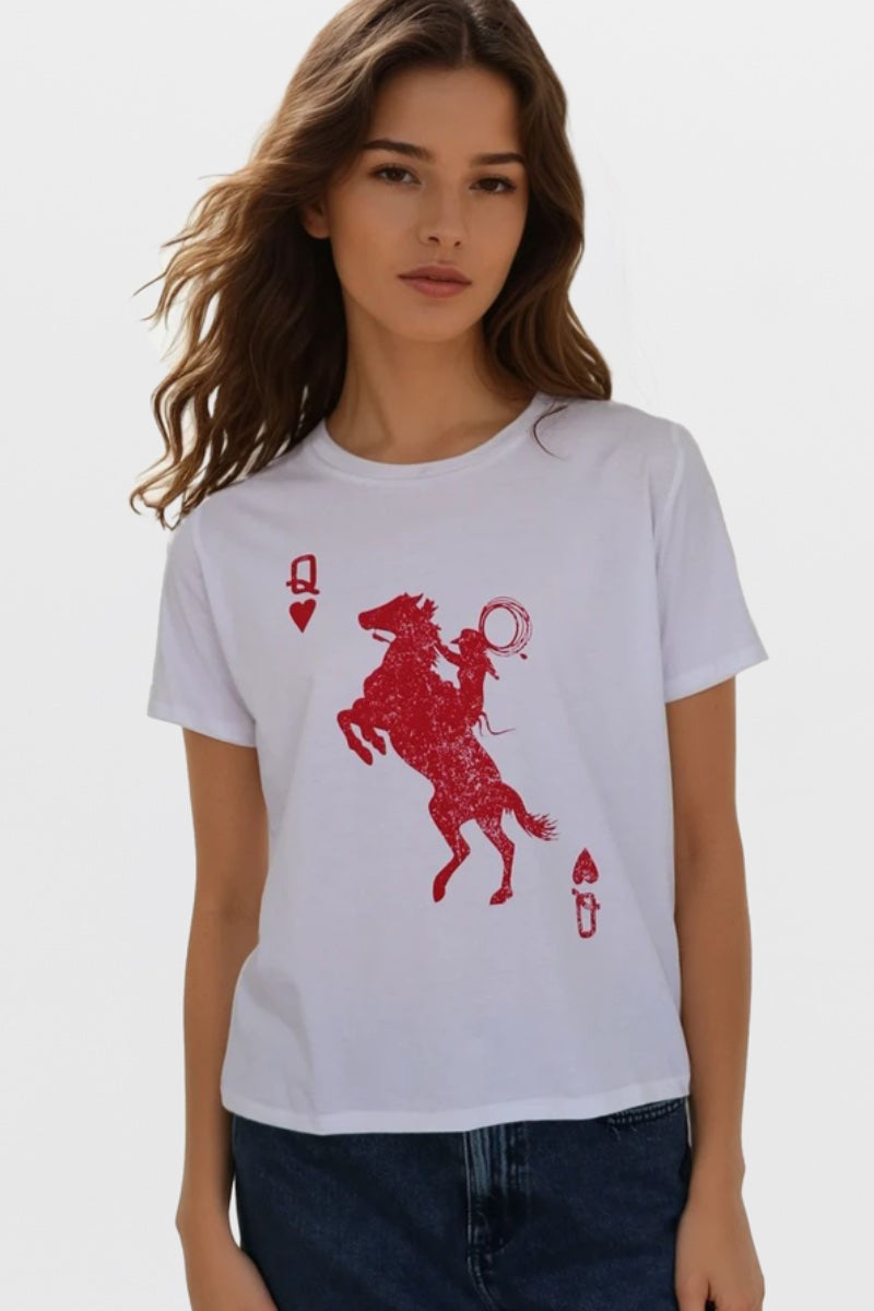 A relaxed, classic fit white t- shirt featuring a bold red “Rodeo Queen” graphic. 