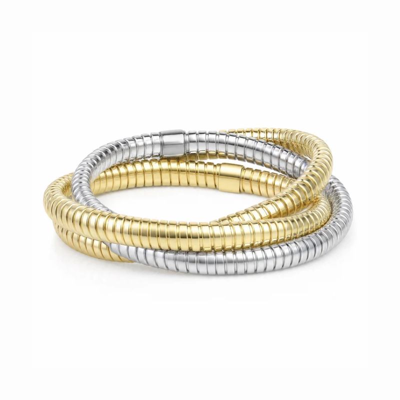 A stack of three coiled wrap bracelets in a two-tone finish, featuring alternating metallic gold and silver textured bands, displayed on a clean white background.