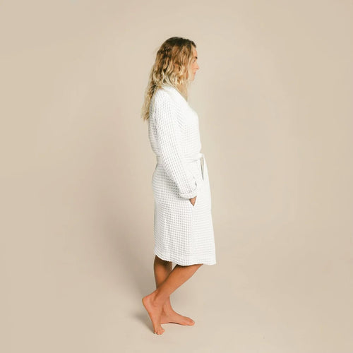 Happy Place waffle robe in white side view