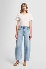 Model wearing the Bonnie Barrel Jean with heeled Sandals and a white T- shirt for a transitional look 