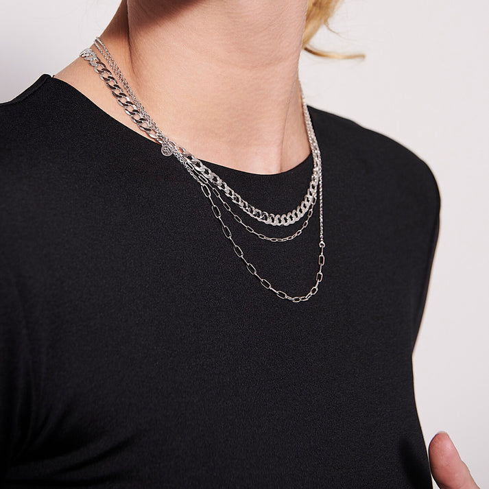 Close up of Model wearingSterling Silver Duo chain by Sif Jakobs at Hickox  jewelers & Lifestyle  