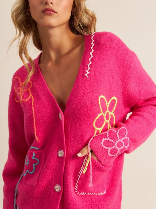 Aries Cardigan with front  patch pockets  in Spring Garden Pink with white artistic Embroidery - John + Jenn at Hickox Jewelers  & Lifestyle   