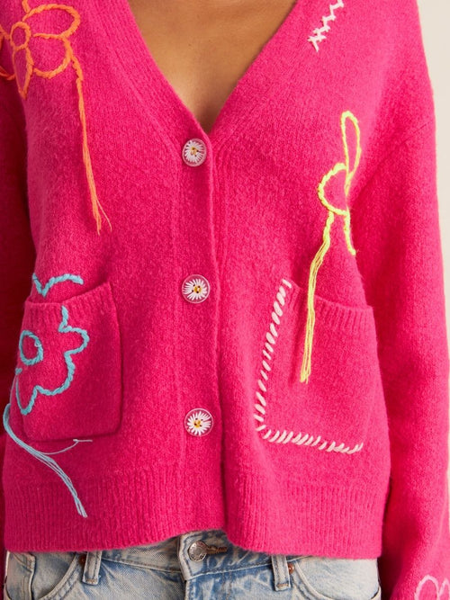 Close up view of  3 button Aries Cardigan in Spring Garden Pink with white artistic Embroidery - John + Jenn at Hickox Jewelers  & Lifestyle   