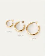 Basic gold Tone hoop earings by jenny Bird 
Shows all 3 Sized small, medium, and Large 