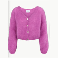 A flat view of a V-neck alpaca cardigan in a vivid pearly purple.