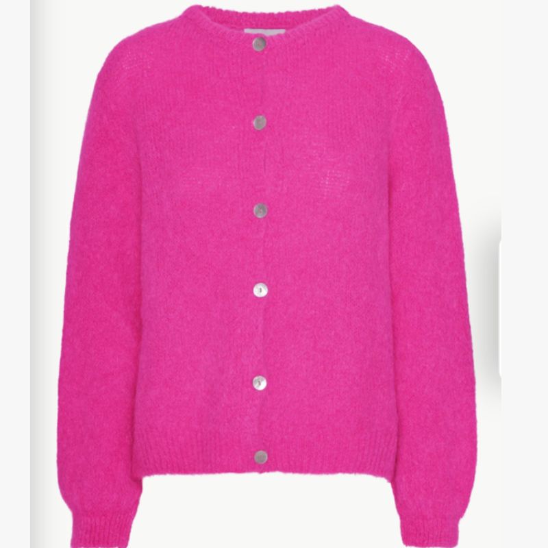 Flat view of  neon Pink cardigan knitted in Alpaca yarn.
