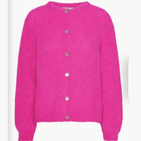 Flat view of  neon Pink cardigan knitted in Alpaca yarn.