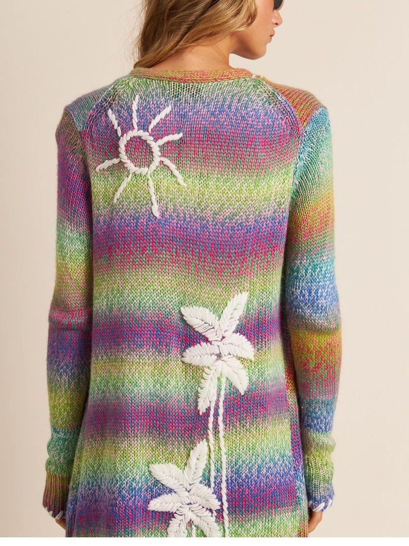 Back view of Sun & palm tree embroidery  on the Angel Duster Cardigan by John + Jenn  at Hickox Jewelers & Lifestyle 