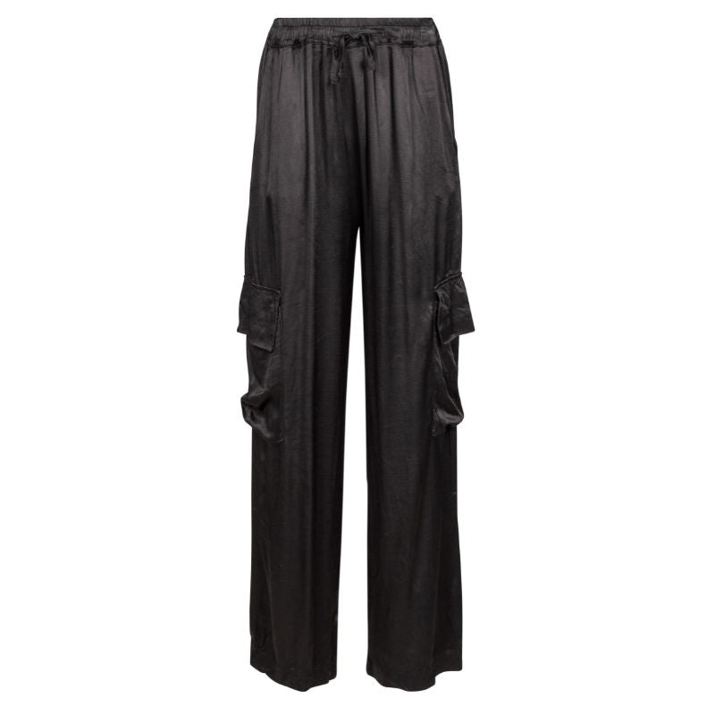 Black viscose silky pant with 2 side cargo pockets and drawstring waistband 