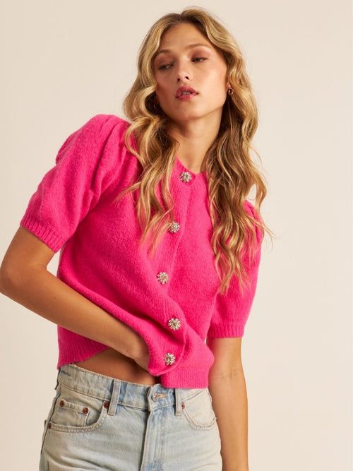 Axel Short Sleeve Sweater in Azalea pink by John + Jenn at Hickox jewelers  at  