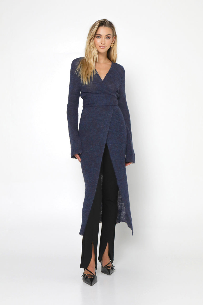Front view of Ayla Wrap Knit Sweater- with a  V neckline 