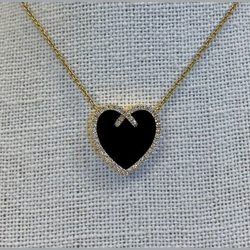 Black Onyx Heart with Diamonds Necklace