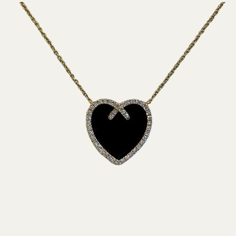 Black Onyx Heart with Diamonds Necklace