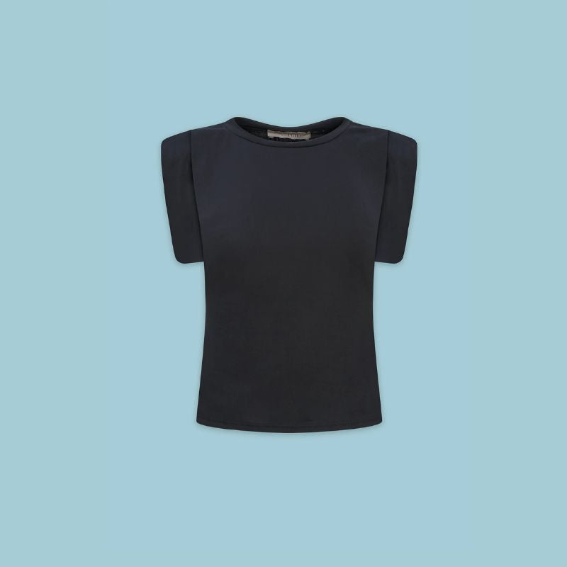 Black sleeveless top on a light blue background