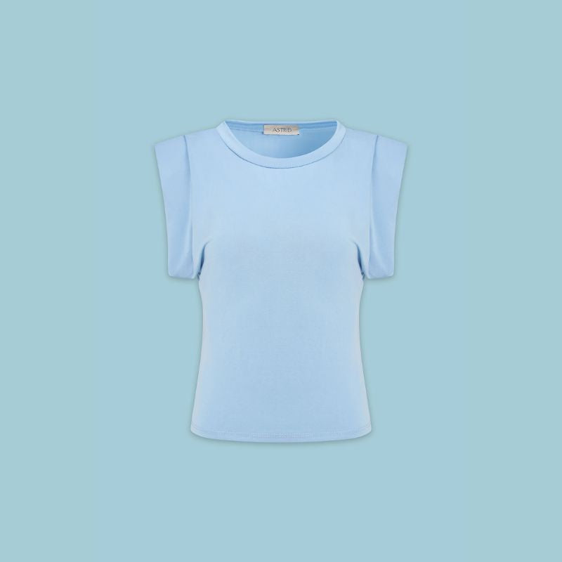 Light blue t-shirt on a solid light blue background