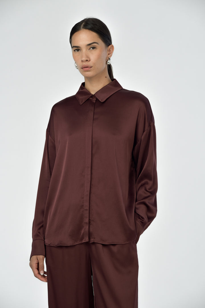 Close up front view of the Carol Satin Shirt- Collared with button  front 