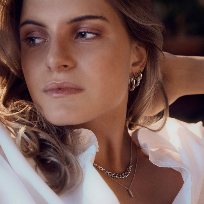 Model wearing sterling silver Carrara Pianaura Earring by Sif Jakobs - at Hickox Jewellers & Lifestyle  